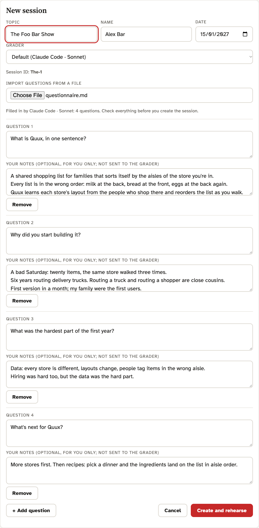 A new session filled in from a questionnaire